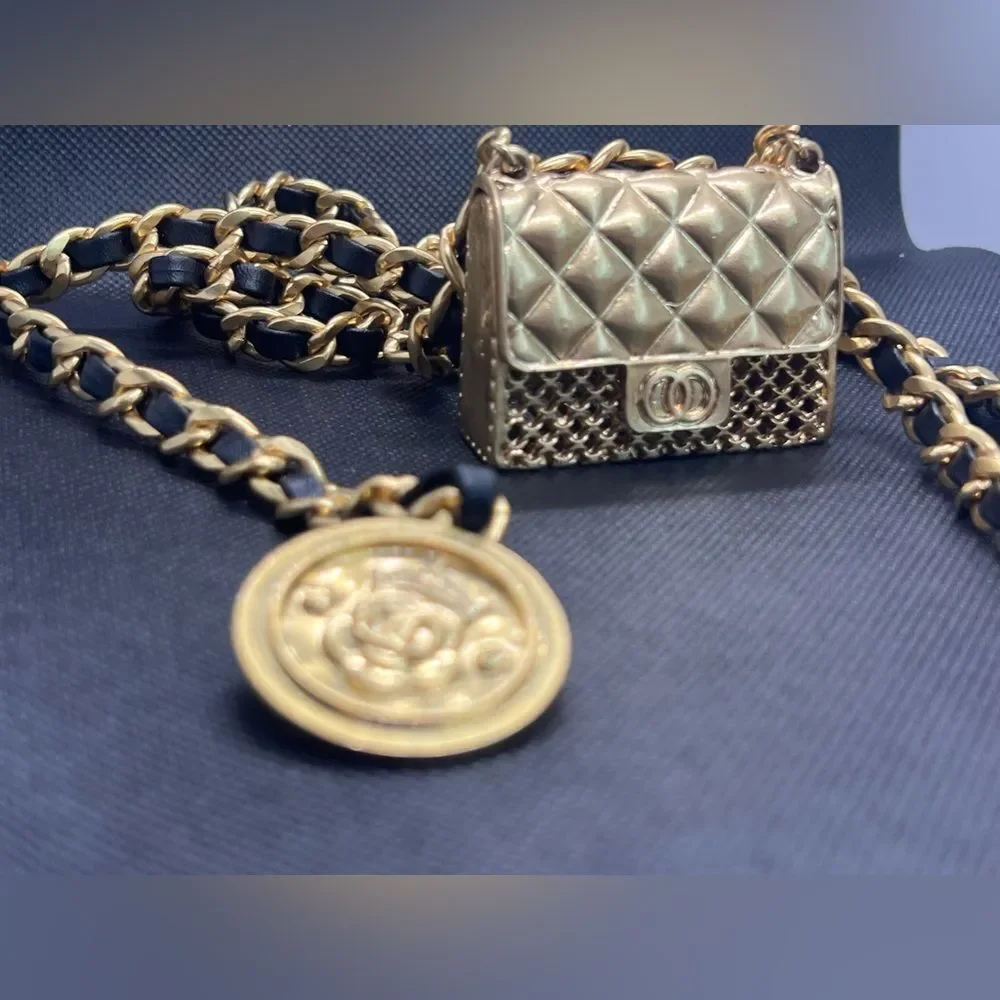 Anthro Black Gold Chain Belt With Designer Mini Charm Bag